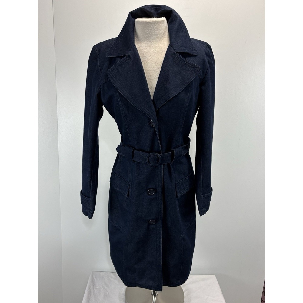 Vintage GAP Y2K Denim Duster Trench Coat Long Blue Jean Jacket Women's M Belted